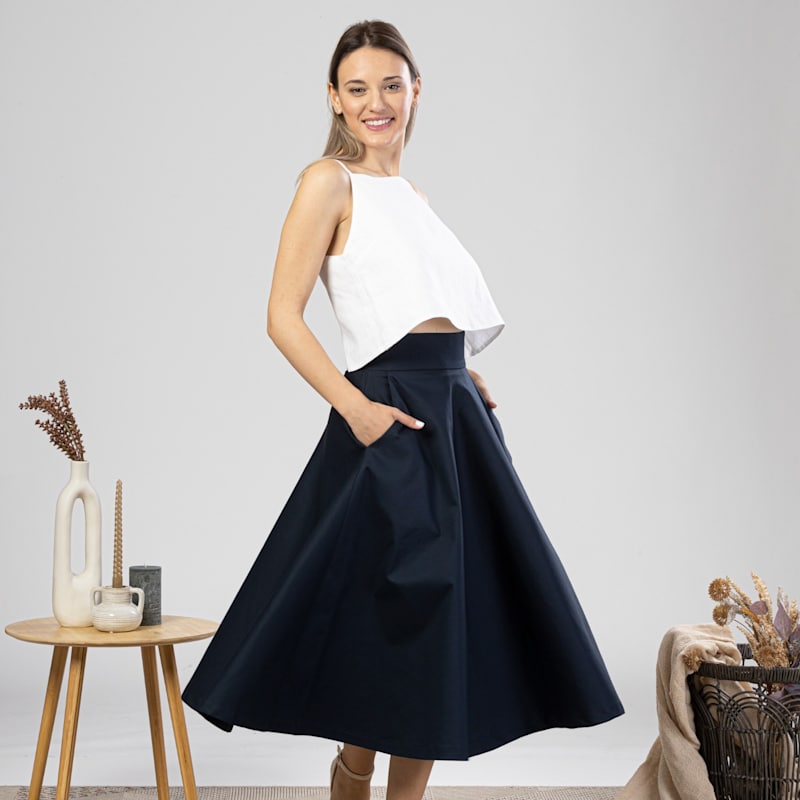 Thumbnail of Cotton Midi Flared Skirt With High Waist And Pockets In Dark Blue image