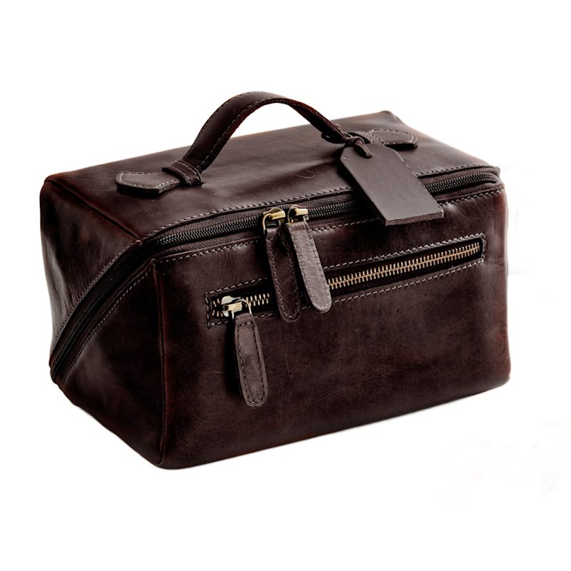 Thumbnail of Dark Brown Leather Lay Flat Wash Bag image