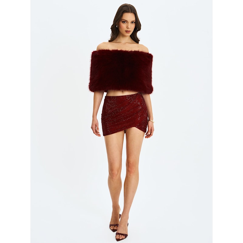Thumbnail of Darleen Crimson Rhinestone Mesh Low Waist Ruched Skirt image