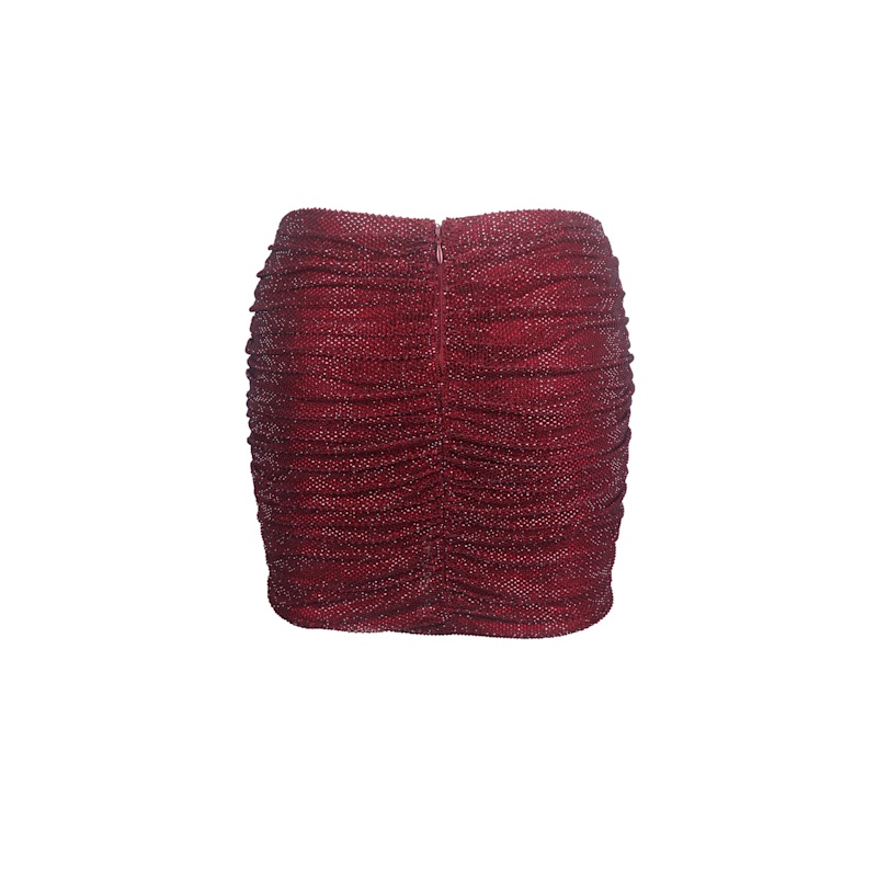 Thumbnail of Darleen Crimson Rhinestone Mesh Low Waist Ruched Skirt image