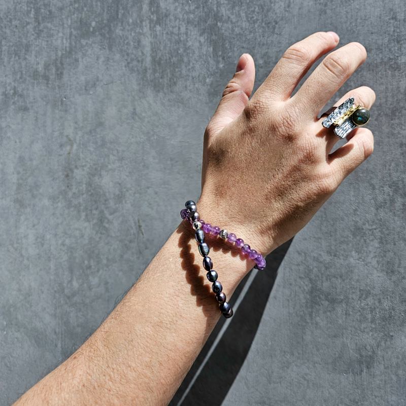 Thumbnail of Deep Purple Irregular Freshwater Pearls Men's Bracelet image