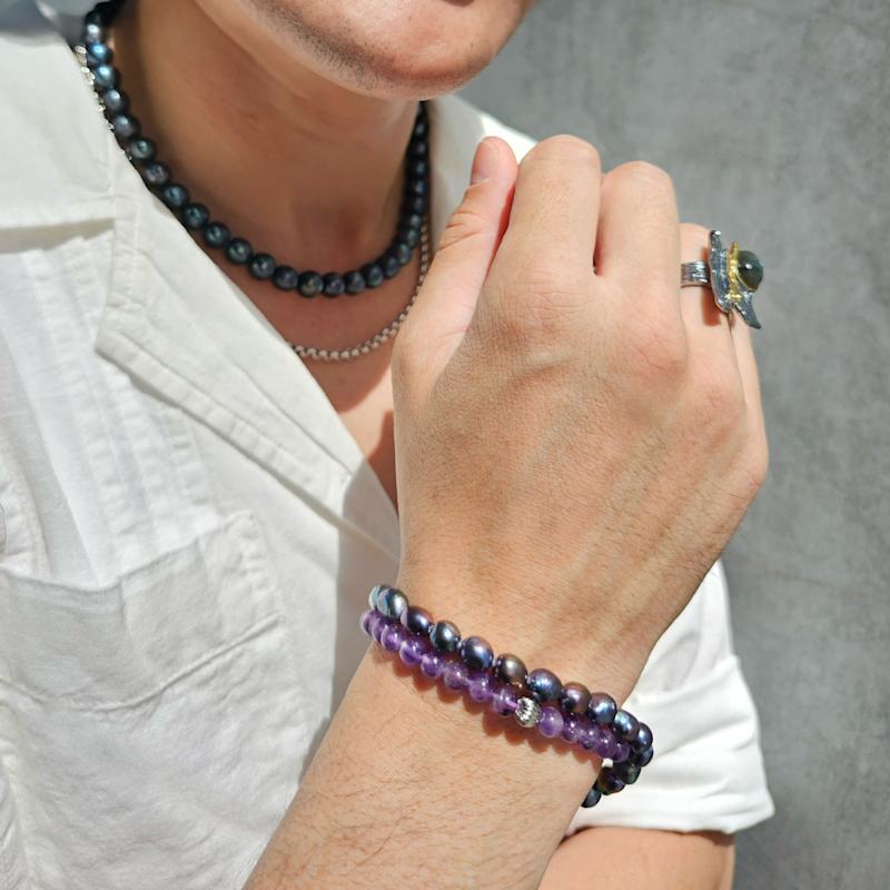 Thumbnail of Deep Purple Irregular Freshwater Pearls Men's Bracelet image