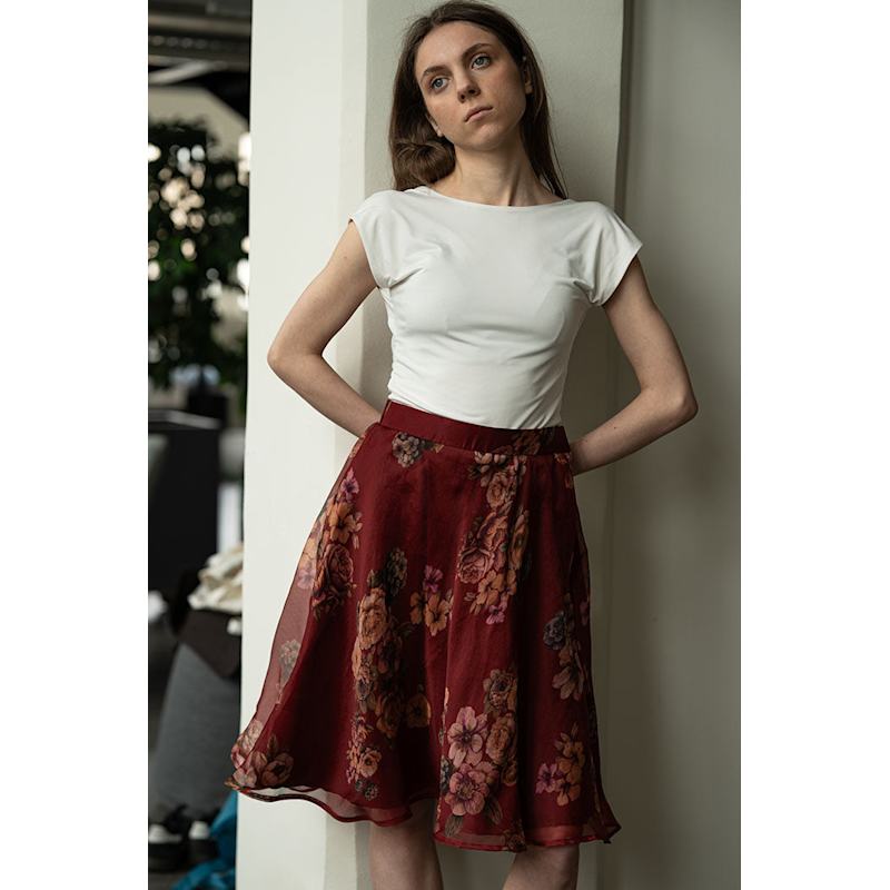 Thumbnail of Deep Red Organza Silk Knee Length A Line Skirt image