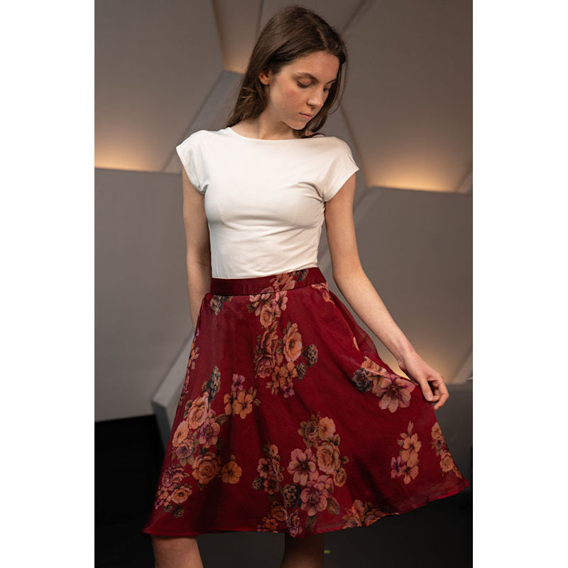 Thumbnail of Deep Red Organza Silk Knee Length A Line Skirt image