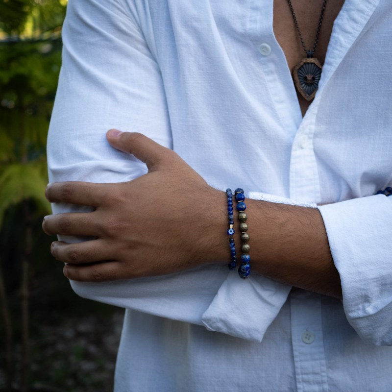 Thumbnail of Deep Wisdom Lapis & Evil Eye Beaded Bracelet Set - Blue image