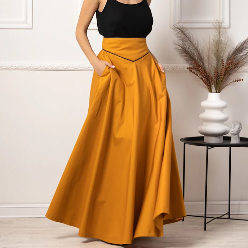 Thumbnail of Maxi A-Line Cotton Skirt With High Waist And Pockets In Deep Yellow image
