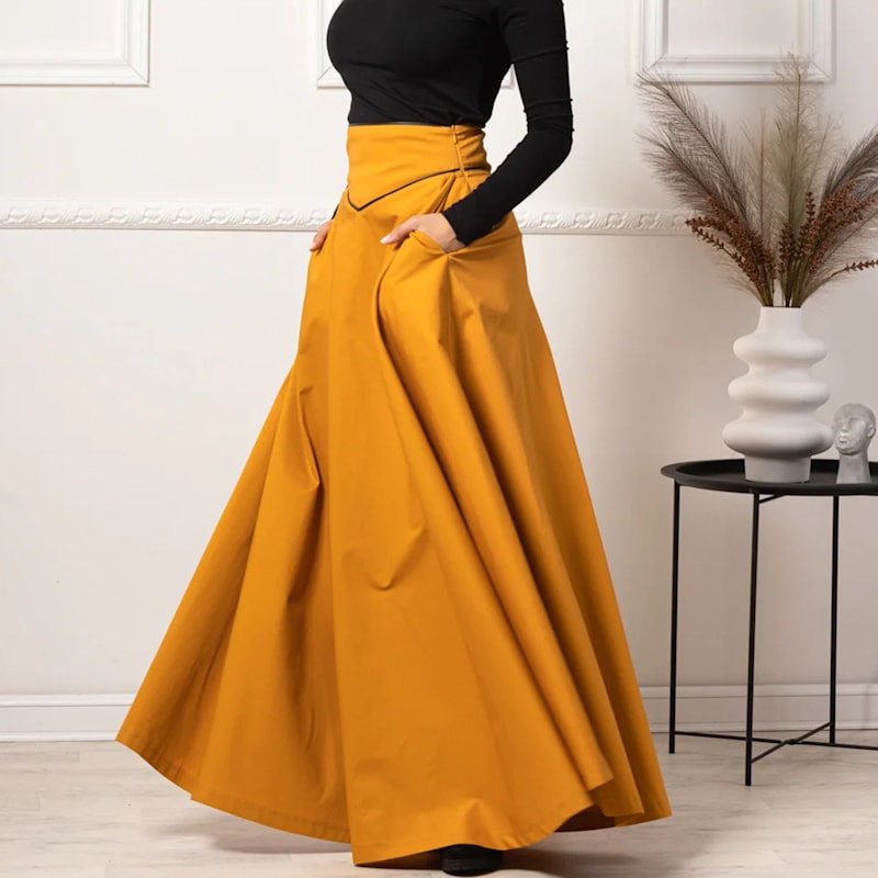 Thumbnail of Maxi A-Line Cotton Skirt With High Waist And Pockets In Deep Yellow image