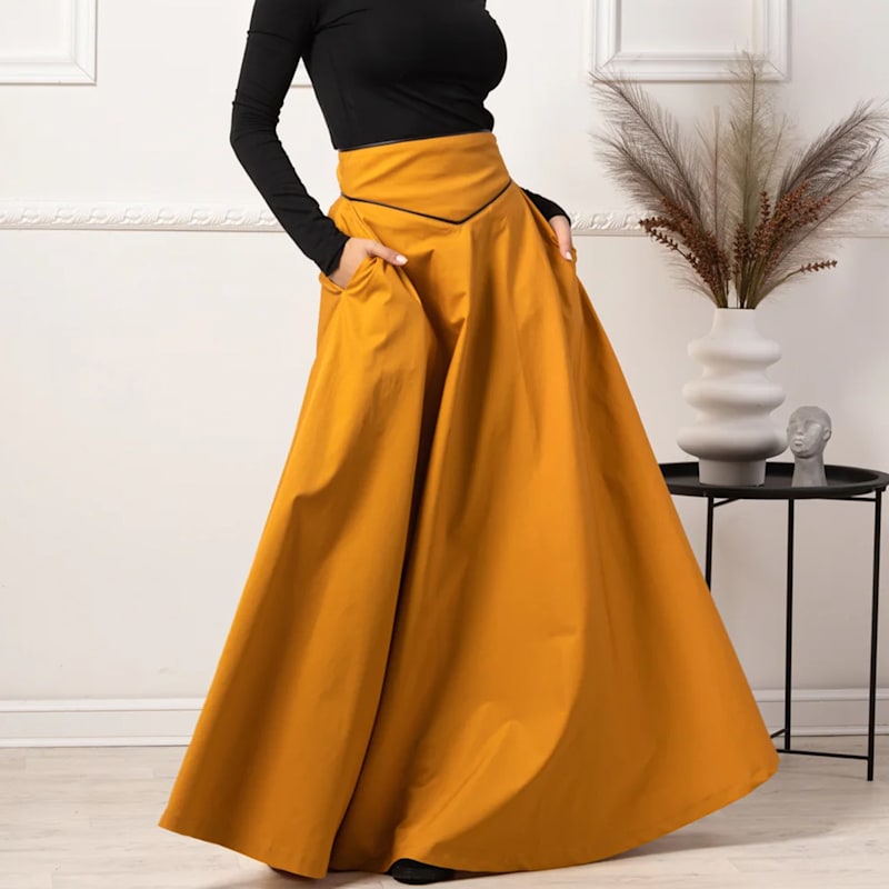 Thumbnail of Maxi A-Line Cotton Skirt With High Waist And Pockets In Deep Yellow image