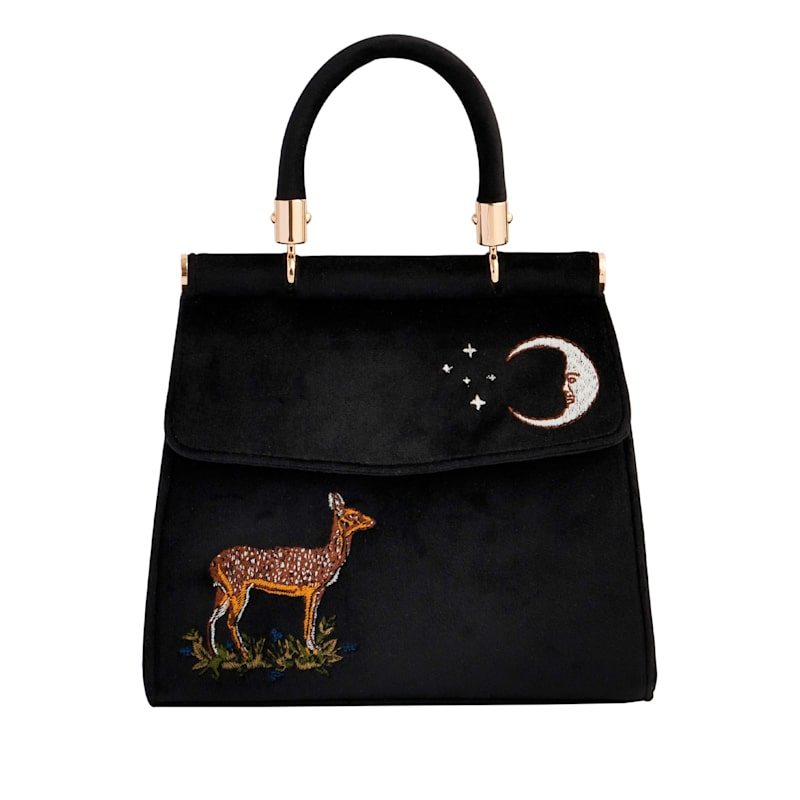 Thumbnail of Deer & Moon Embroidered Black Velvet Tote image