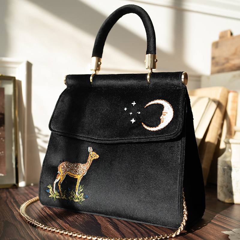 Thumbnail of Deer & Moon Embroidered Black Velvet Tote image