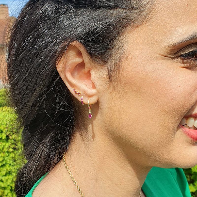 Thumbnail of Delicate Ruby July Birthstone Dangle Hoop Earrings image