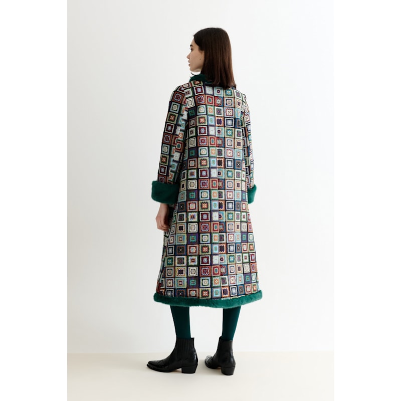 Delphia Seventies Patch Jacquard Fur Trim Coat – Multicolored