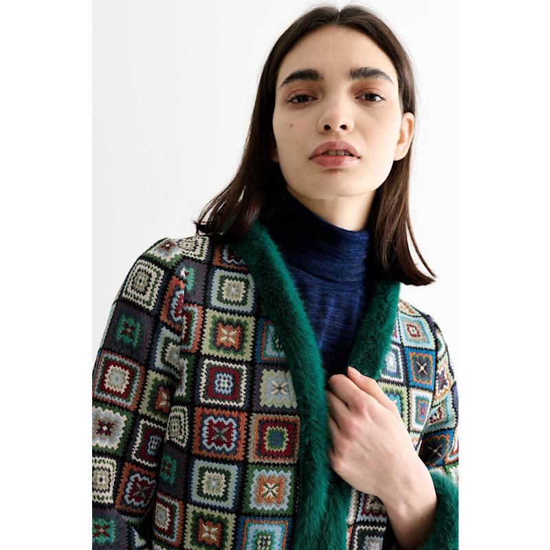 Delphia Seventies Patch Jacquard Fur Trim Coat – Multicolored