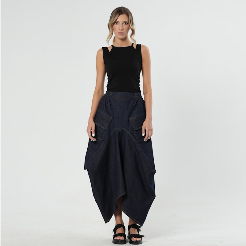 Thumbnail of Denim Asymmetrical Skirt In Dark Blue image