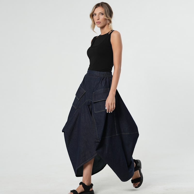 Denim Asymmetrical Skirt In Dark Blue | Metamorphoza | Wolf