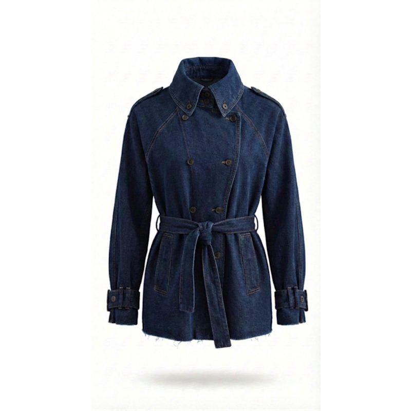AMERI TENCEL DENIM SHORT TRENCH COAT【S】 Denim Belted Short Trench Jacket - Indigo | GOC DENIM | Wolf & Badger