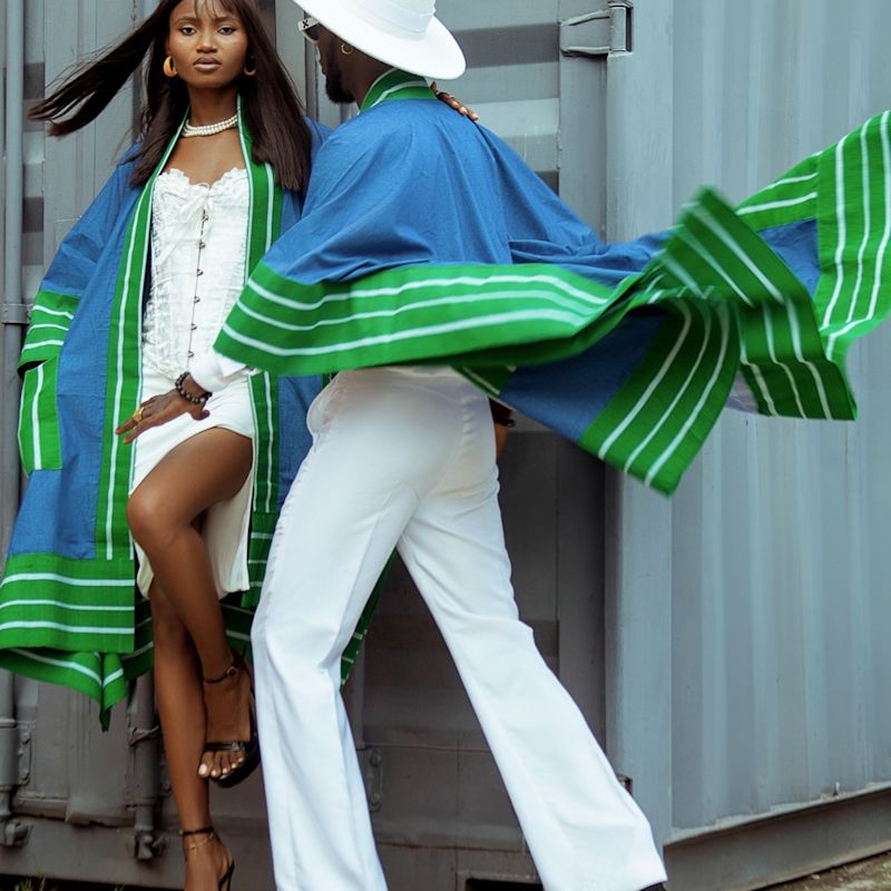 Denim Kimono Aso-Oke - Green & White | Tote London | Wolf & Badger