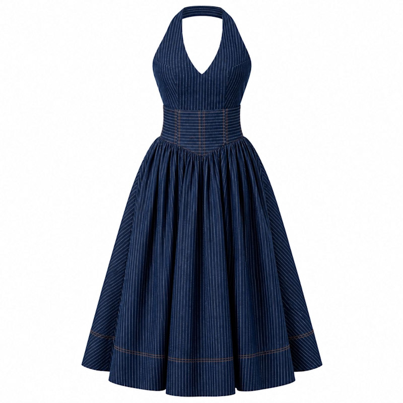 Denim Pinstripe Noemi Midi Dress by OFUURE