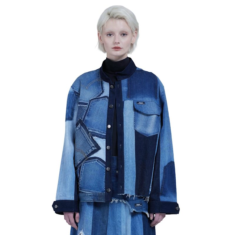 Thumbnail of Denim Stand-Collar Patchwork Jacket image
