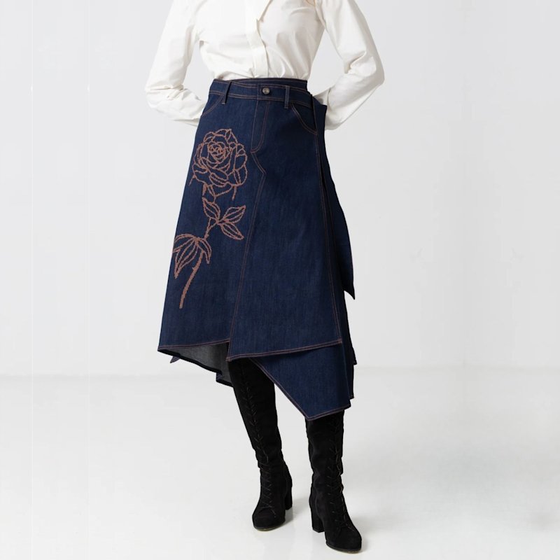 Thumbnail of Denim Wrap Skirt With Rose Floral Embroidery image
