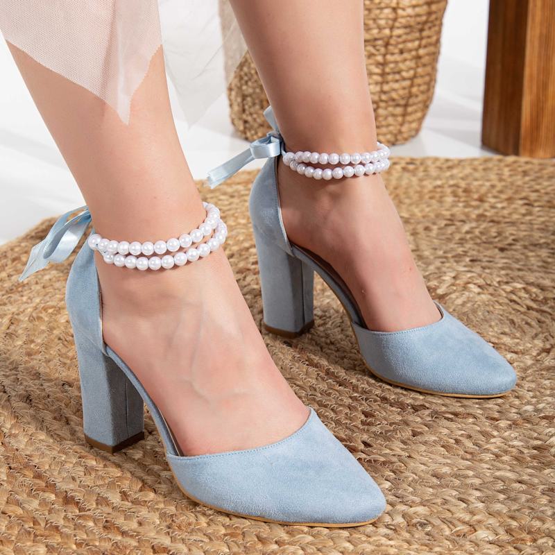 Denise Baby Blue Suede Wedding Heels With Pearls Forever