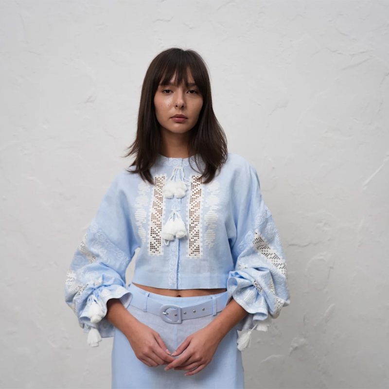 Thumbnail of Desert Rose Blue Linen Cropped Blouse image