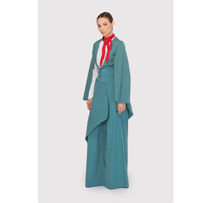 Thumbnail of Designer Blouse With Contrast Sleeves Turquoise image