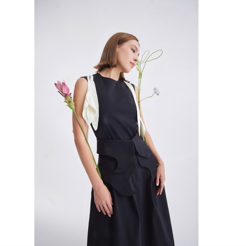 Thumbnail of Designer Fitted Sleeveless Top, Floral Accent – Black image