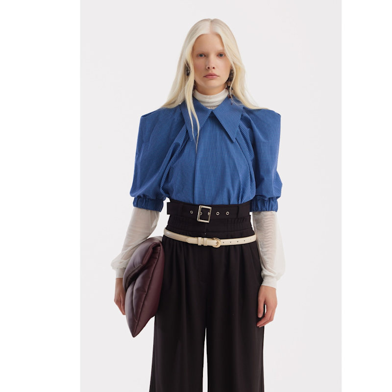 Thumbnail of Designer Plaid Puff Sleeve Blouse – Blue image