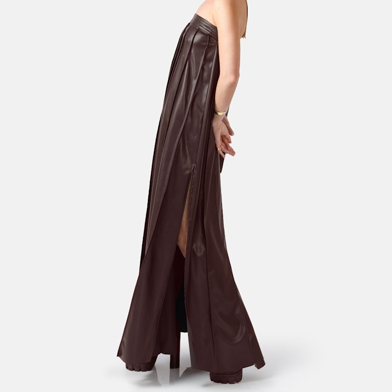 Pleated Brown Leather Maxi Dress  Strapless Designer Evening Gown In Faux  | Kargede | Wolf & Badger