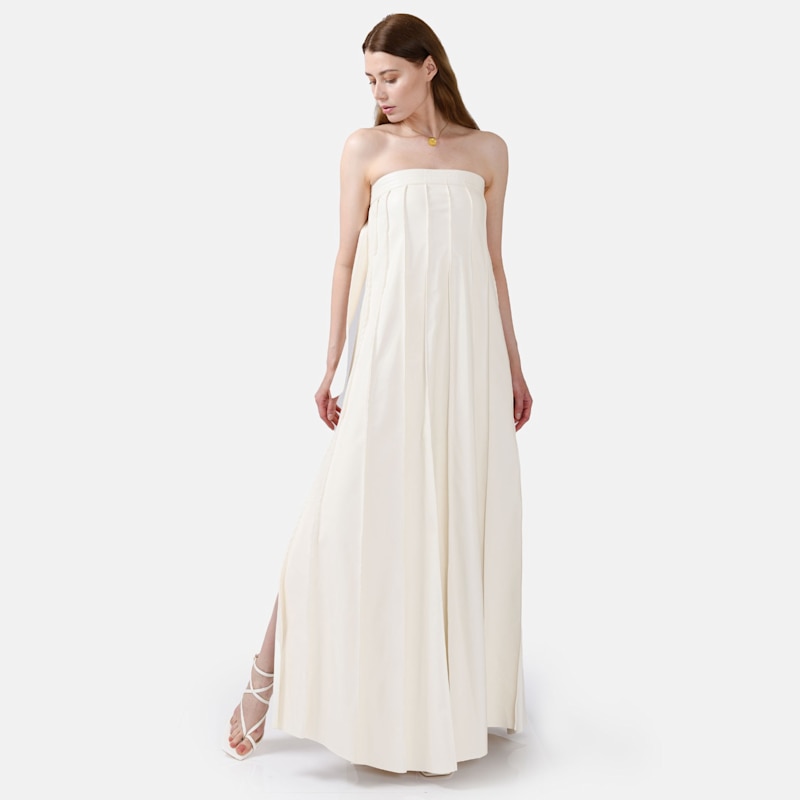 Pleated White Leather Maxi Dress – Strapless Designer Evening Gown