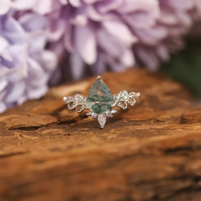 Thumbnail of Dewdrop Moss Agate Ring White Gold Vermeil© image