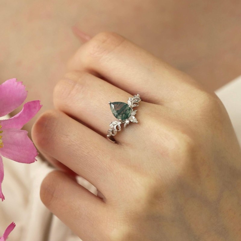 Thumbnail of Dewdrop Moss Agate Ring White Gold Vermeil© image
