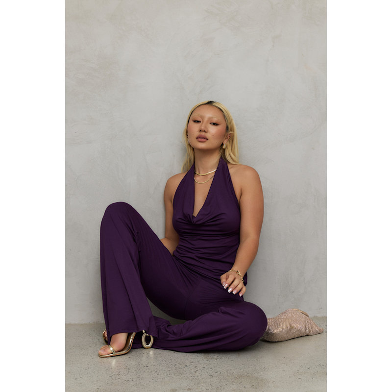 Thumbnail of Diana Cowl Halter Neck Jumpsuit In Purple image