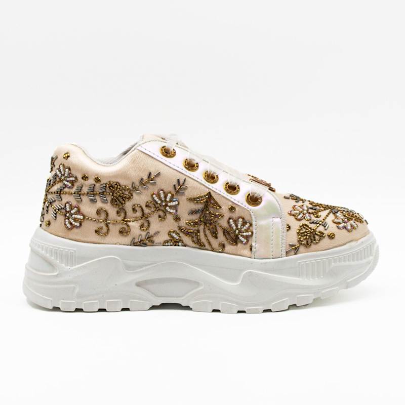 Thumbnail of Diana Luxury Buttermilk Satin Handmade Embellished Trainer image