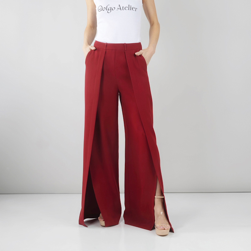 Dina Wide Leg Crepe Pant In Burgundy With Front Overlap Slit