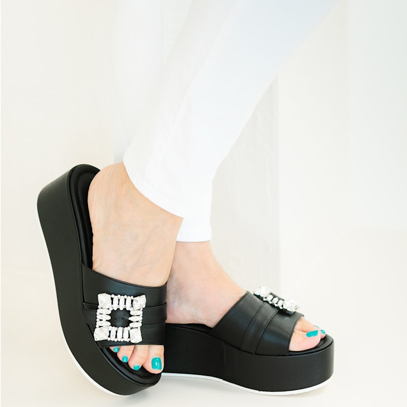 Thumbnail of Dita Black Leather Comfortable Wedge Sandal Espadrille Slide With Jewelry For Elegant Work & Evening image
