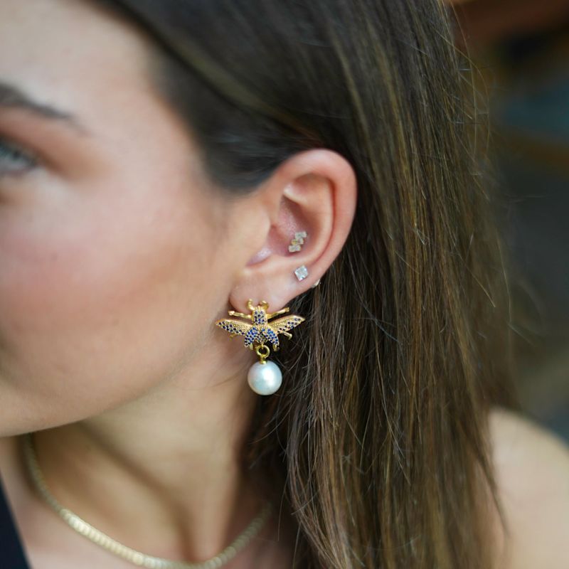 Thumbnail of Divine Connection Queen Bee Sapphire & Gold Chunky Earrings - Blue image