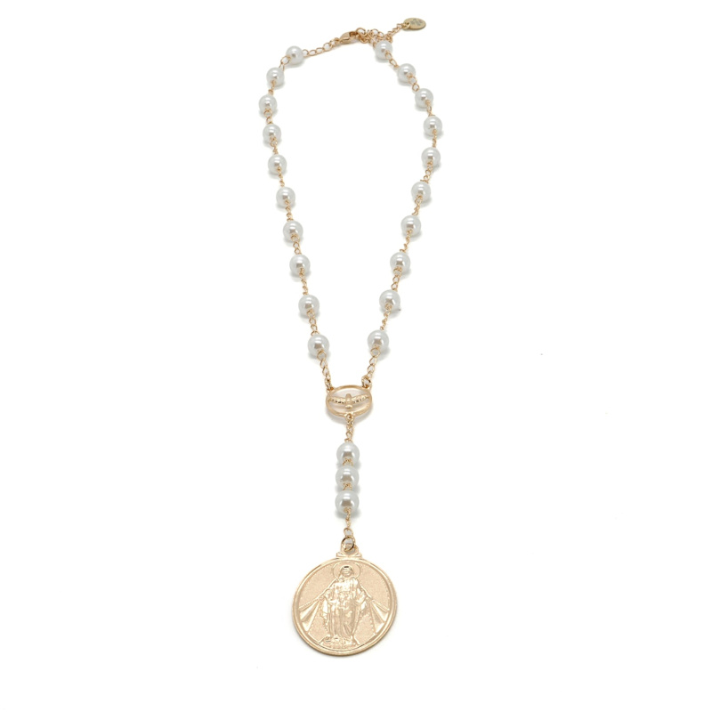 Thumbnail of Divine Grace Pearl & Virgin Mary Necklace - Gold image