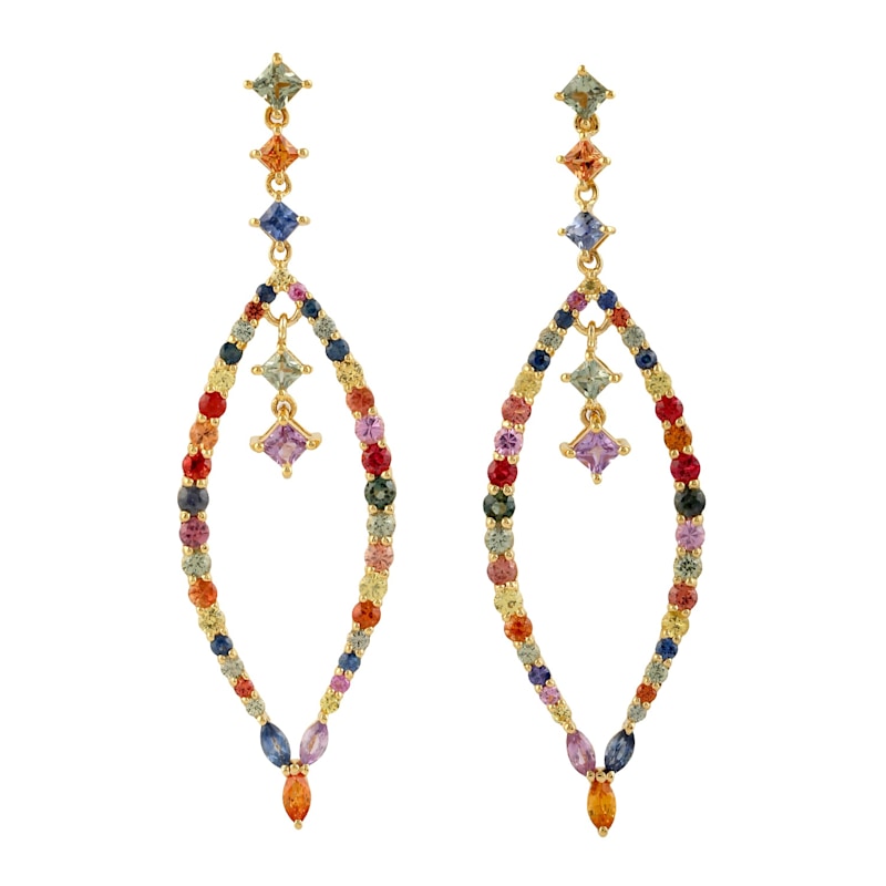 Thumbnail of Multicolor Sapphire Open Hoop Drop Earrings in 18K Yellow Gold image