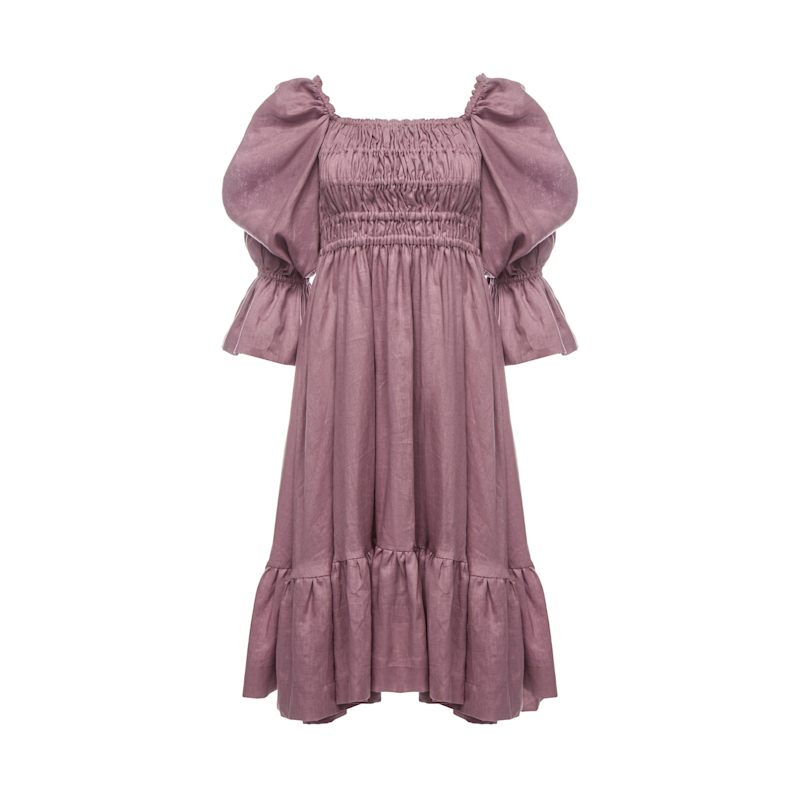 Amelia Ruched Midi Linen Dress In Rhapsody Purple by Vasiliki Atelier