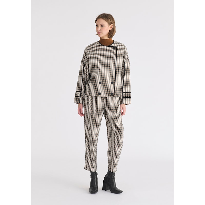Thumbnail of Double Breasted Check Jacket With Matching Scarf In Brown, White & Black image