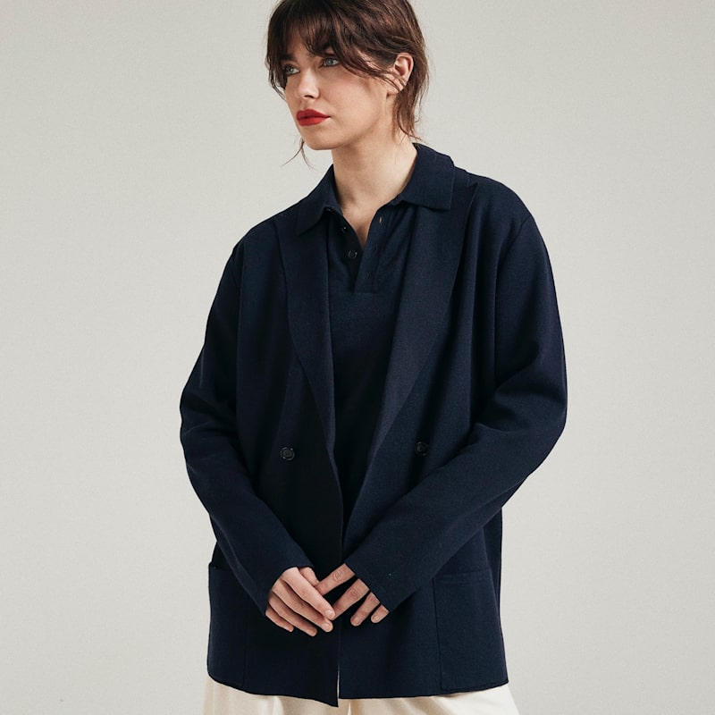 Thumbnail of Double-Breasted Knitted Milano Blazer - Navy image