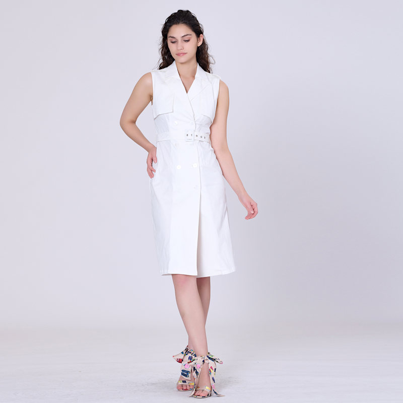 Double Breasted Trench Style Sleeveless Dress - White