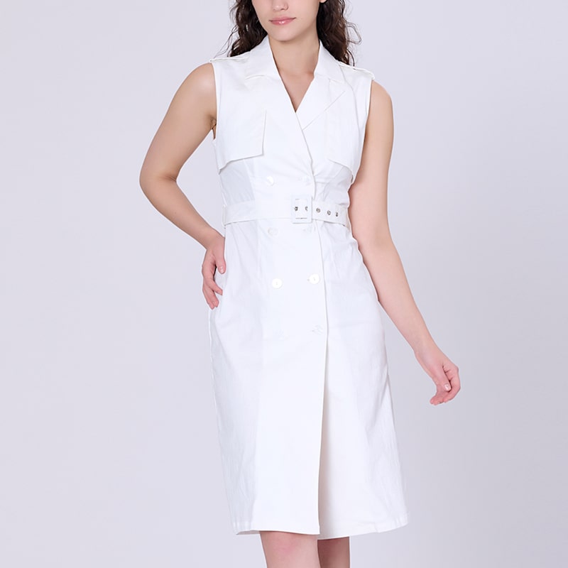Double Breasted Trench Style Sleeveless Dress - White