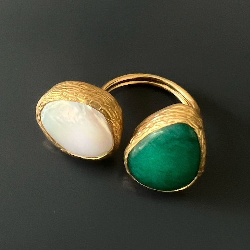 Thumbnail of Double Gemstone Pearl & Jade Gaia Ring - Green image