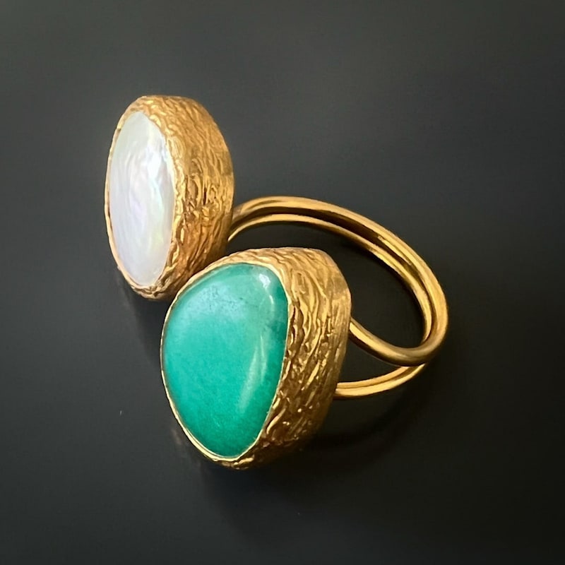Thumbnail of Double Gemstone Pearl & Jade Gaia Ring - Green image