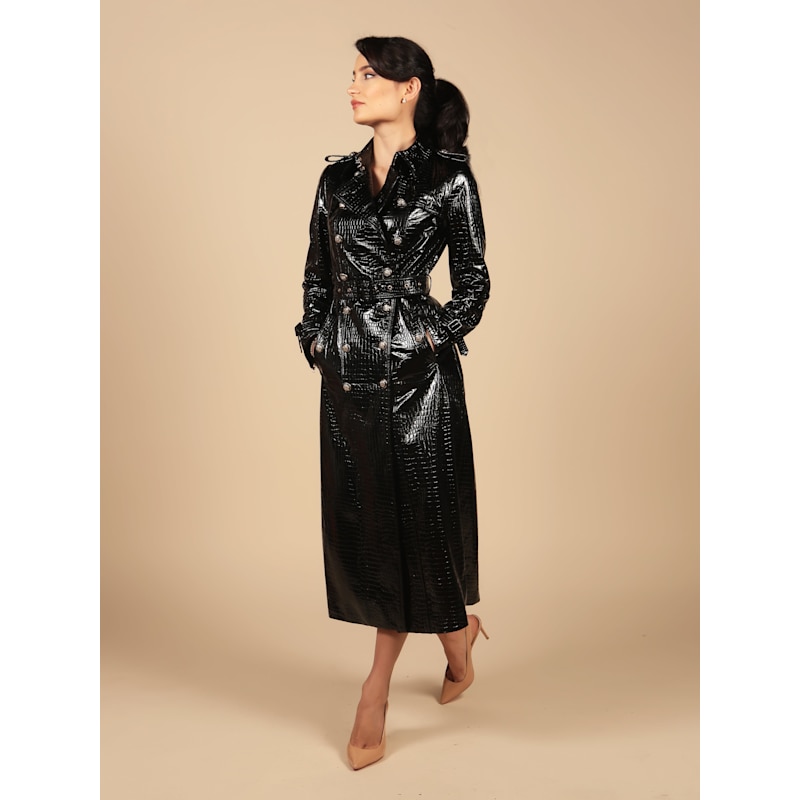 Indiscreet 100% Leather Trench Coat In Nero | Santinni | Wolf & Badger