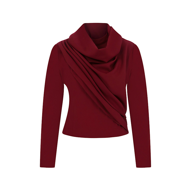 Thumbnail of Draped Cowl Neck Long Sleeve Top Burgundy Blouse - Aria image