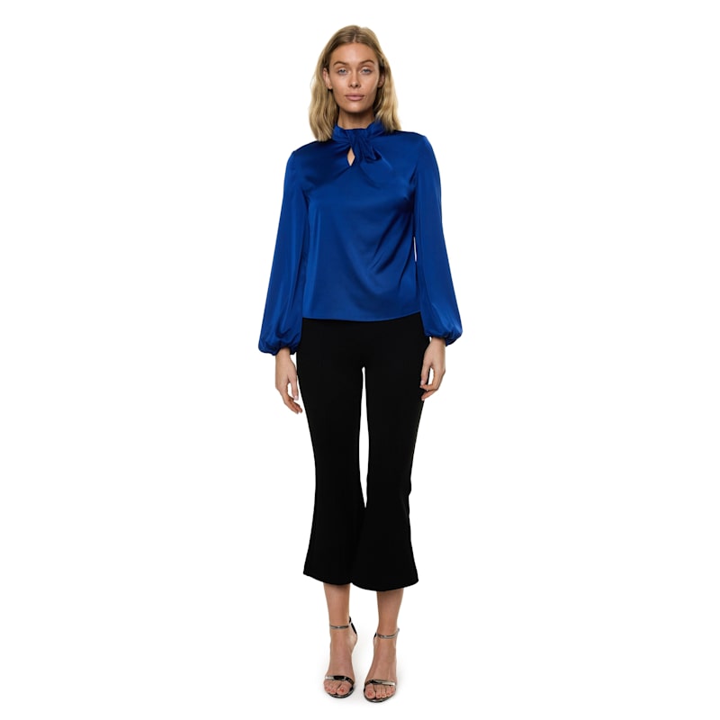 Thumbnail of Draped Mock Neck Long Sleeve Shirt In Cobalt Solid image